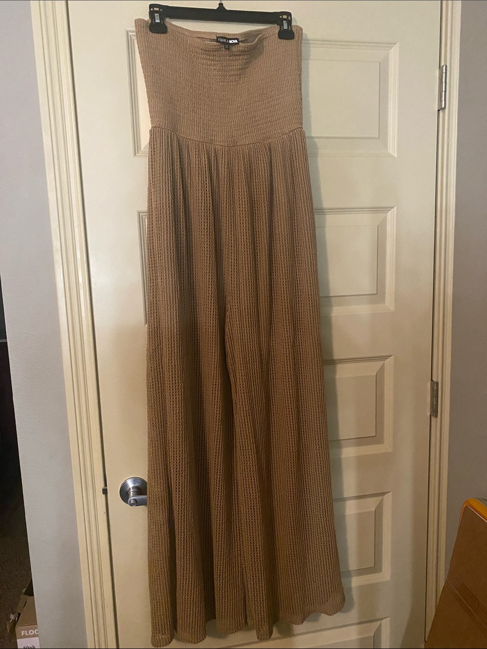 Fashion Nova Strapless Knit Jumpsuit Romper in Tan